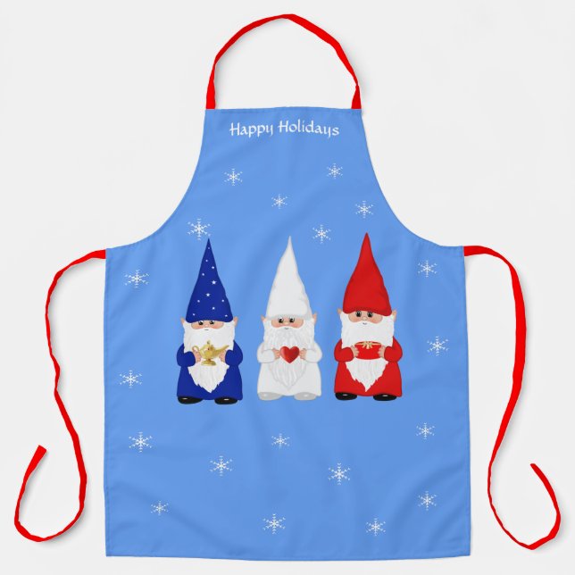 Tablier Trois Gnomes de Noël en bleu clair (Recto)