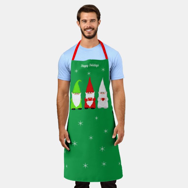 Tablier Trois lutins de Noël sur fond vert (Porté)