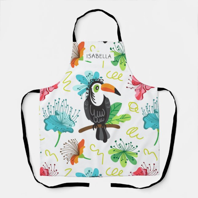 Tablier Tropical Toucan Moderne Floral Nom personnalisé (Recto)