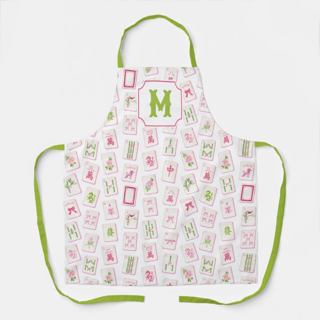 Tablier Tuiles de Mahjong à l'aquarelle avec ruban rose et (Recto)