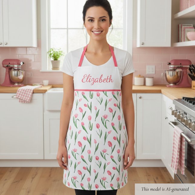 Tablier Tulipe Rose Douce Florale  (sweet girly cute coquette pink tulip floral apron with custom name in script calligraphy)