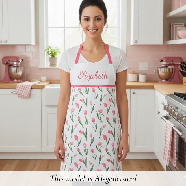 Tablier Tulipe Rose Douce Florale  (sweet girly cute coquette pink tulip floral apron with custom name in script calligraphy)