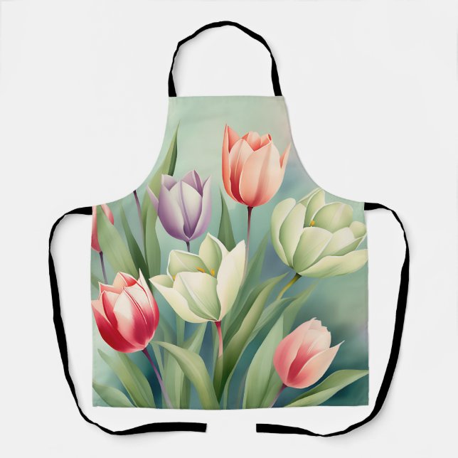 Tablier Tulipes colorées Aquarelle Romantique (Recto)