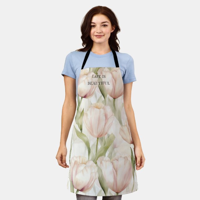 Tablier Tulipes Florales Crème Rose Fardé Bain de Mariée (Porté)