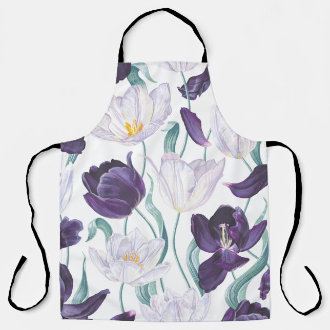 Tablier Tulipes pourpres : Vintage réalisme blanc. (Recto)
