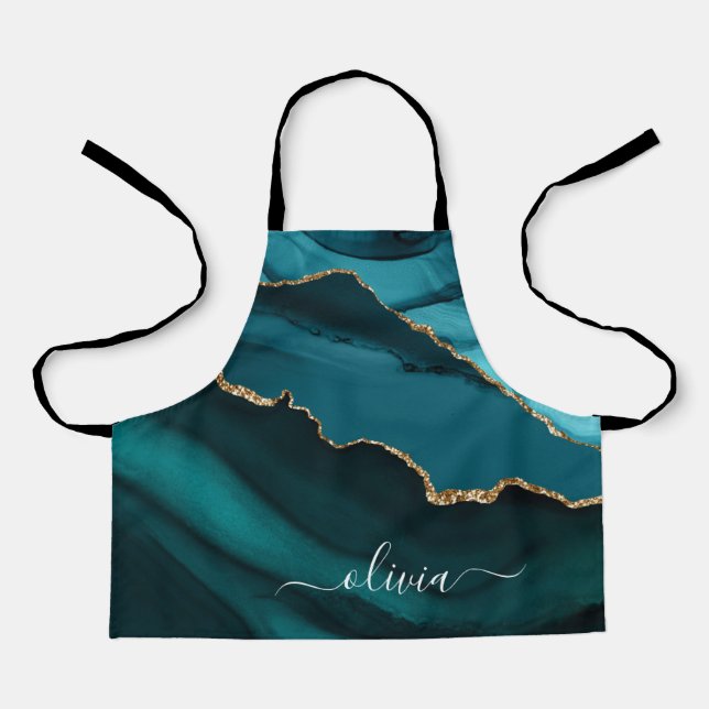 Tablier Turquoise Aqua Blue Green Geode Gold Monogramme (Recto)