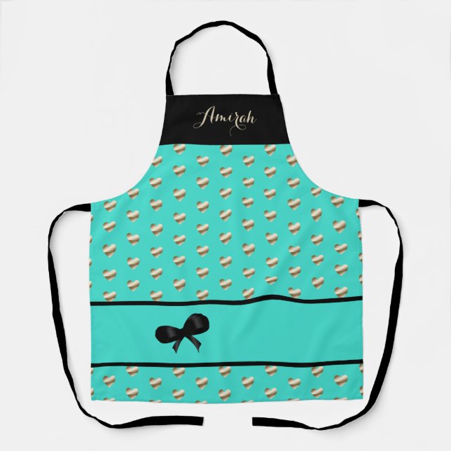 Tablier Turquoise clair avec Gold Hearts Kitchen Apron (Recto)