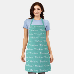 Tablier Turquoise personnalisé texte de nom blanc motif m