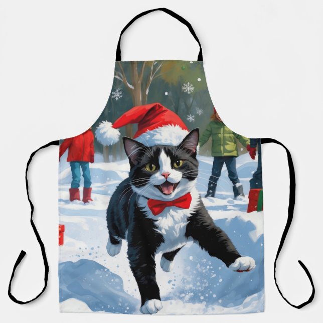 Tablier Tuxedo Chat coule en neige avec Casquette de Noël (Recto)