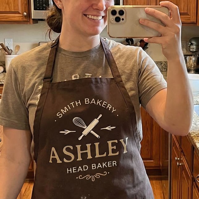 Tablier Typographie de Boulangerie Rustique Chef Boulanger (Personalized baker apron gift for women with custom name and title)