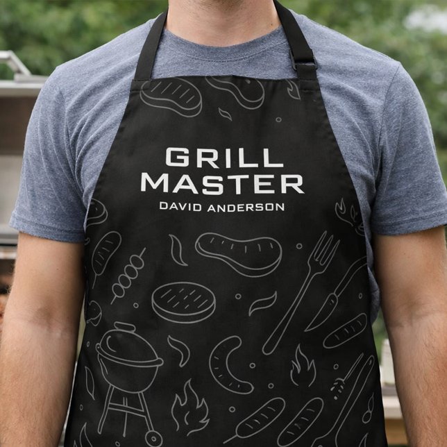 Tablier Typographie Moderne de Maître de Gril avec BBQ Min (Personalized Grill Master apron photo with bold custom name and BBQ icon pattern)