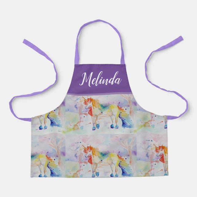Tablier Unicorne Aquarelle Peinture Purple Girls art Apron (Recto)