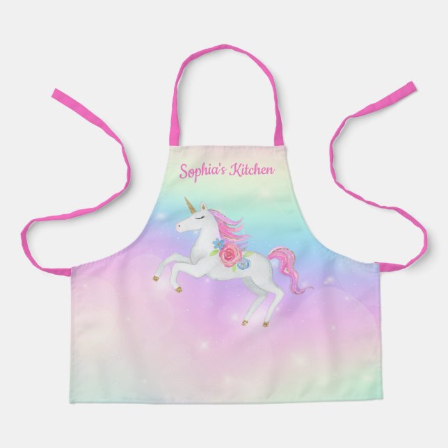 Tablier Unicorne magique arc-en-ciel Floral Personnalisée (Recto)