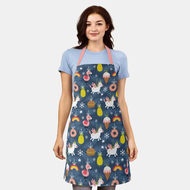 Tablier Unicornes de Noël amusants et Flamants roses Motif (Porté)