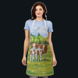 Tablier Vache de Guernesey et veau mignon dans les pâturag<br><div class="desc">La race de bétail de Guernesey tire son nom de l'île de Guernesey dans les îles Anglo-Normandes. Il peut aller du brun clair et blanc à un brun rougeâtre et blanc. Ce brun et blanc a souvent un motif de repérage semblable à un Holstein, mais il est brunâtre plutôt que...</div>