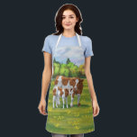 Tablier Vache de Guernesey et veau mignon dans les pâturag<br><div class="desc">La race de bétail de Guernesey tire son nom de l'île de Guernesey dans les îles Anglo-Normandes. Il peut aller du brun clair et blanc à un brun rougeâtre et blanc. Ce brun et blanc a souvent un motif de repérage semblable à un Holstein, mais il est brunâtre plutôt que...</div>
