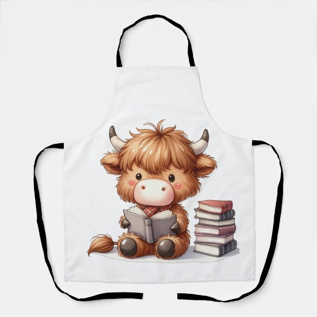 Tablier Vache des Highlands lisant des livres (Recto)