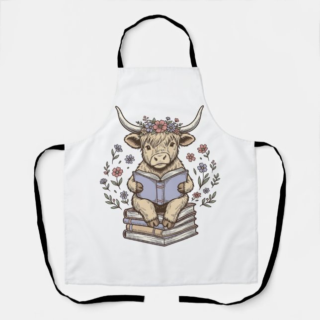Tablier Vache Florale de Lecture Mignonne Pile de Livres D (Recto)