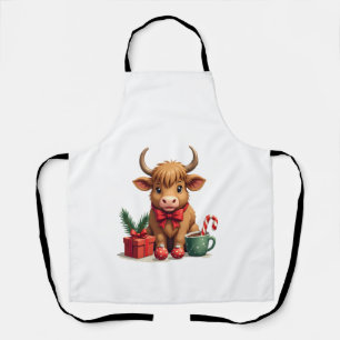 Tablier Vache Highland Noël Vintage avec cadeau à ruban et