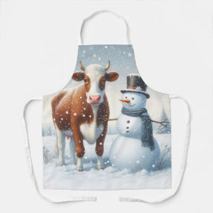 Tablier Vache mignonne et bonhomme de neige dans le champ 