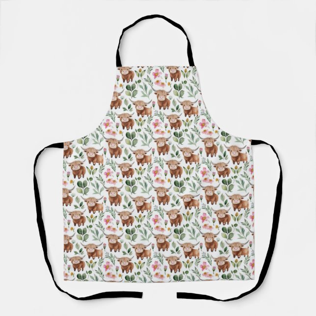 Tablier Vaches Highland et fleurs roses Motif Floral (Recto)