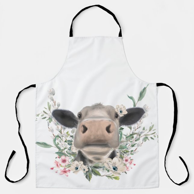 Tablier vaches nez baiser fleurs aquarelle gris animal de  (Recto)