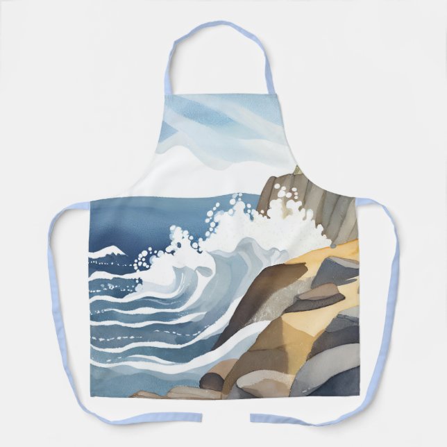 Tablier Vagues déferlantes | Aquarelle de rivage côtier ro (Recto)