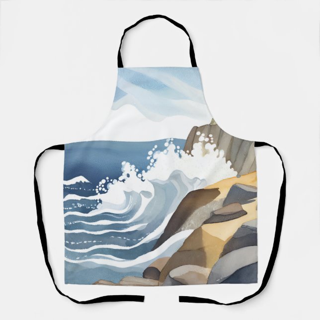 Tablier Vagues déferlantes | Aquarelle de rivage côtier ro (Recto)