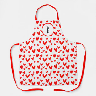 Tablier Valentine Red White Doodle Hearts Motif Monogramme