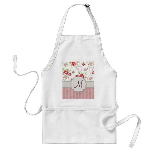 Tablier Valentines - Coeurs, Roses et rayures avec Monogra (Devant)