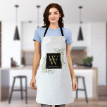 Tablier Verdure Aquarelle Feuille Noir Or Monogramme<br><div class="desc">Elégante aquarelle verte feuille monogramme nom apron avec un monogramme d'or initial sur un arrière - plan noir avec votre nom ensemble de lettrage blanc élégant. Conçu par Thisisnotme©</div>