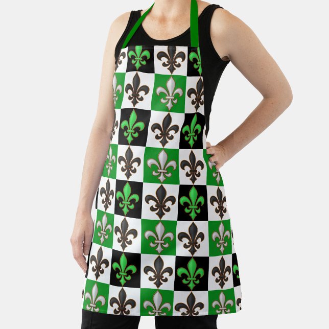Tablier Vert Noir Blanc À damiers Fleur de lis Design (Créateur téléchargé)