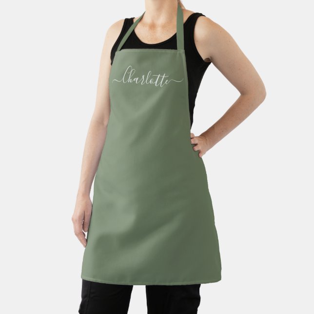 Tablier Vert olive féminin nom de script personnalisé élég (Insitu)
