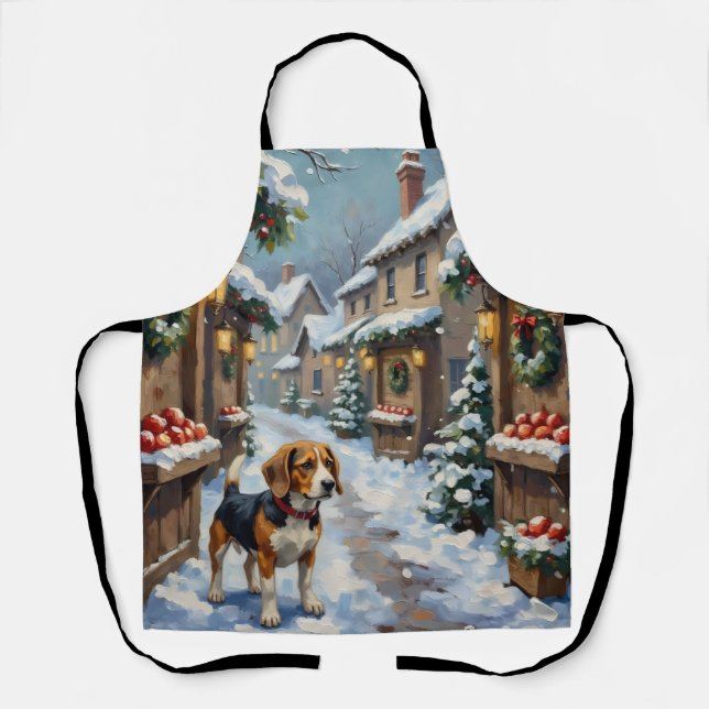 Tablier Vieux Beagle sur un marché de Noël enneigé (Recto)