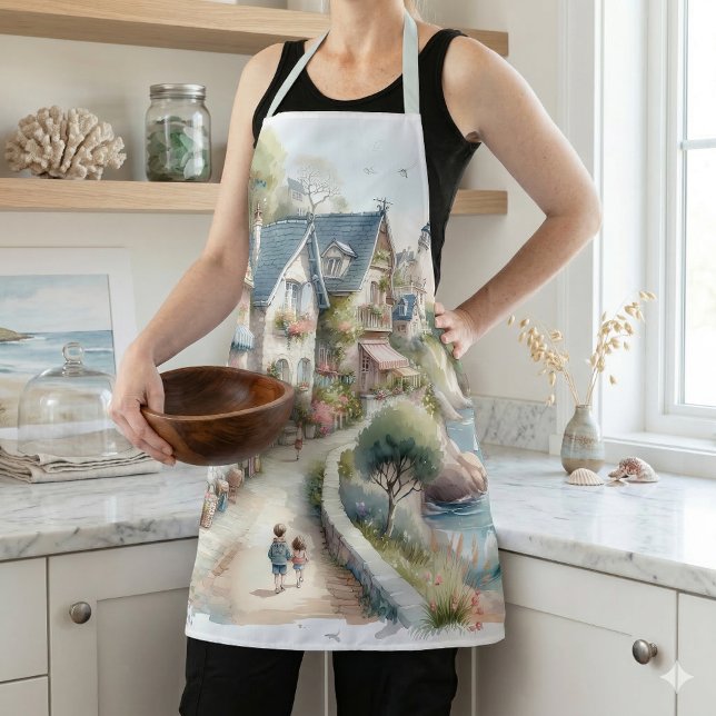 Tablier Village de cottages côtiers pastel, une escapade (Woman Wearing Pastel Coastal Cottage Village Escape Apron)