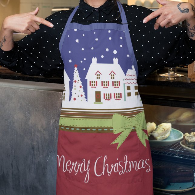 Tablier Village de Noël Joyeux Noël Neige rouge hiver (Festive Christmas Chef Apron)