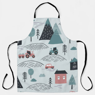 Tablier Village scandinave, motif rural sans soudure.