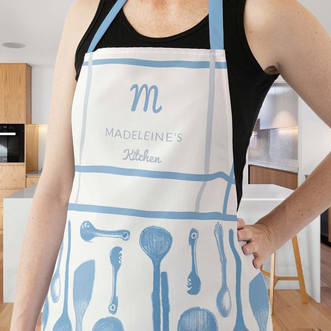 Tablier Vintage Bleu Rétro Cuisine cuillères Monogramme Ca (vintage apron personalized gift mom grandma hostess bride thanksgiving christmas birthday retro blue)