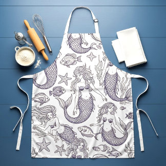 Tablier Vintage Blue Mermaid & Sea Life Pattern