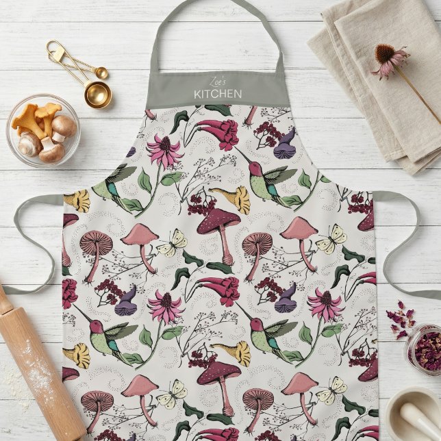 Tablier Vintage Botanique Floral Colibri (Modern Off-White Sage Green Hummingbird Floral Hand-Drawn Vintage Botanical Cooking Baking Apron)