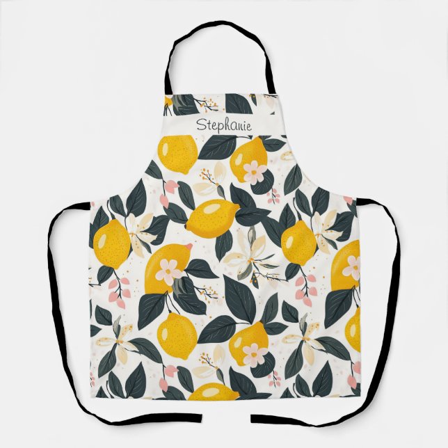 Tablier Vintage citron et Motif de fleurs roses (Recto)