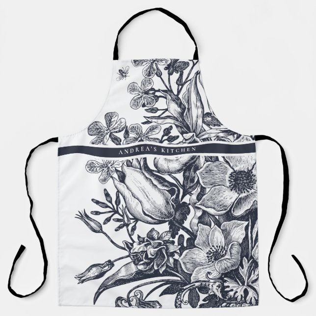 Tablier Vintage Elegant Floral Navy & blanc (Recto)