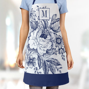 Tablier Vintage Français Fermier Peony Monogram Marine Blu