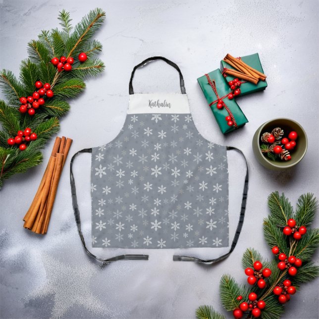 Tablier Vintage Gris élégant Snowflakes Personnalisé (Vintage Grey elegant Snowflakes Personalized Apron)