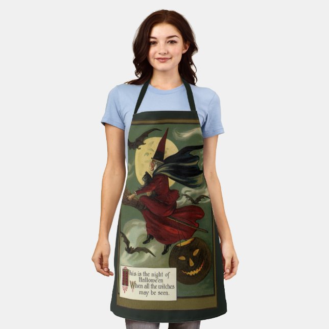 Tablier Vintage Halloween sorcière Broomstick avec chat (Porté)