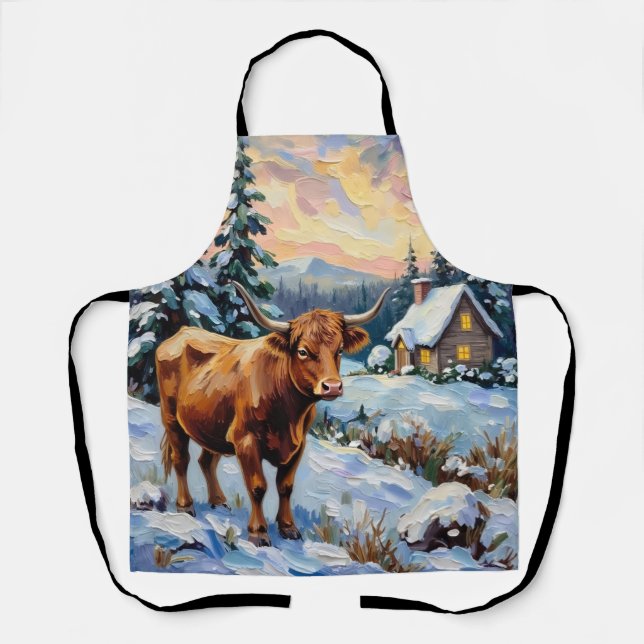 Tablier Vintage Highland Cow in Snowy Christmas Meadow (Recto)