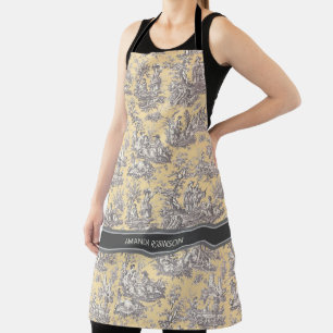 Tablier Vintage noir jaune toile de jouy imprimé