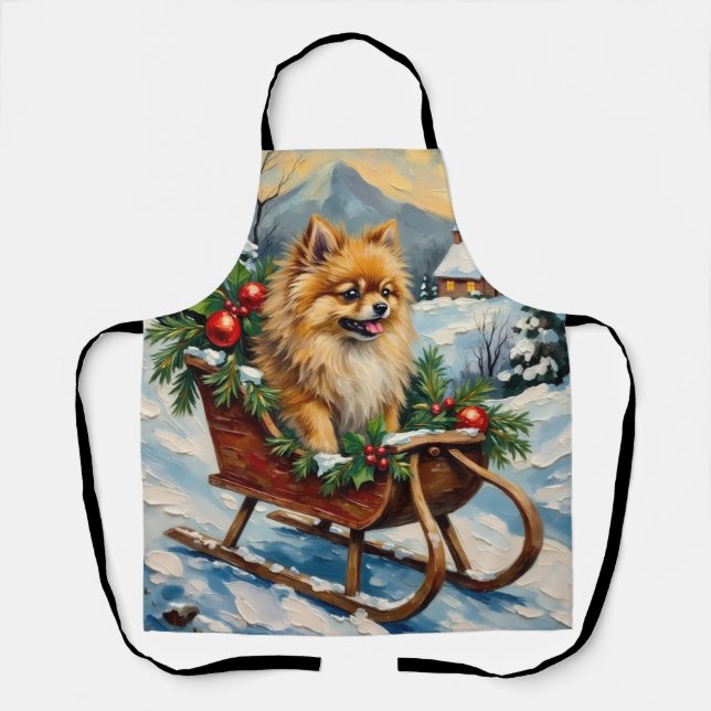 Tablier Vintage Pomeranian in Wooden Christmas Sleigh (Recto)