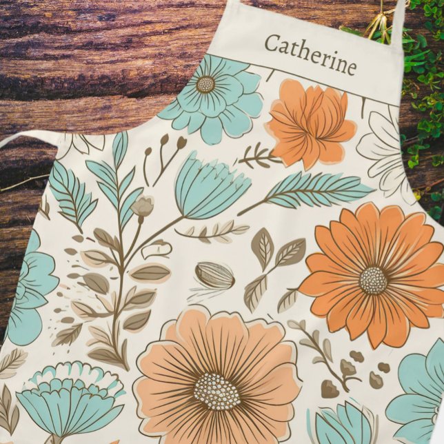 Tablier Vintage Retro Floral Pastel Nom (Créateur téléchargé)