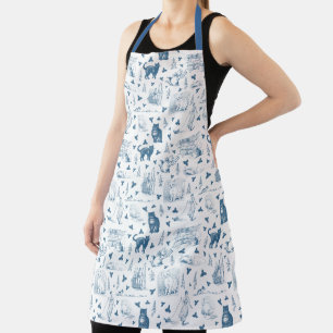 Tablier Vintage Retro Toile Motif Chat Catnip Blanc Bleu